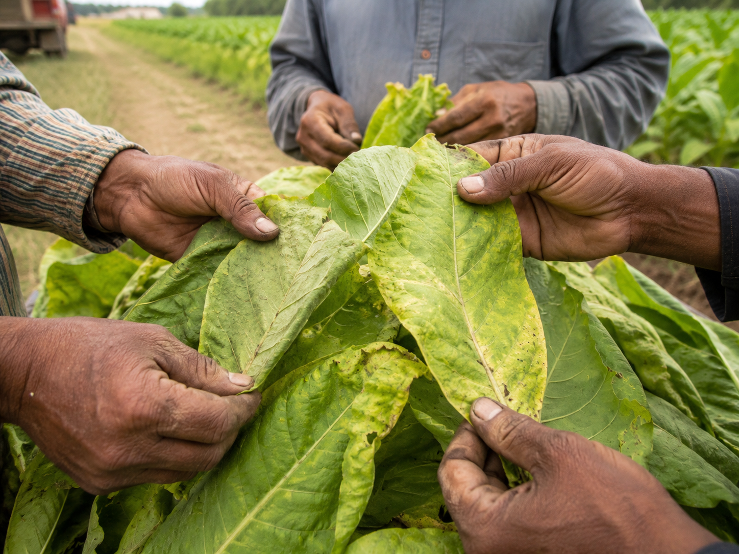 Hands inspecting and sorting freshly picked green tobacco leaves at the edge of a field